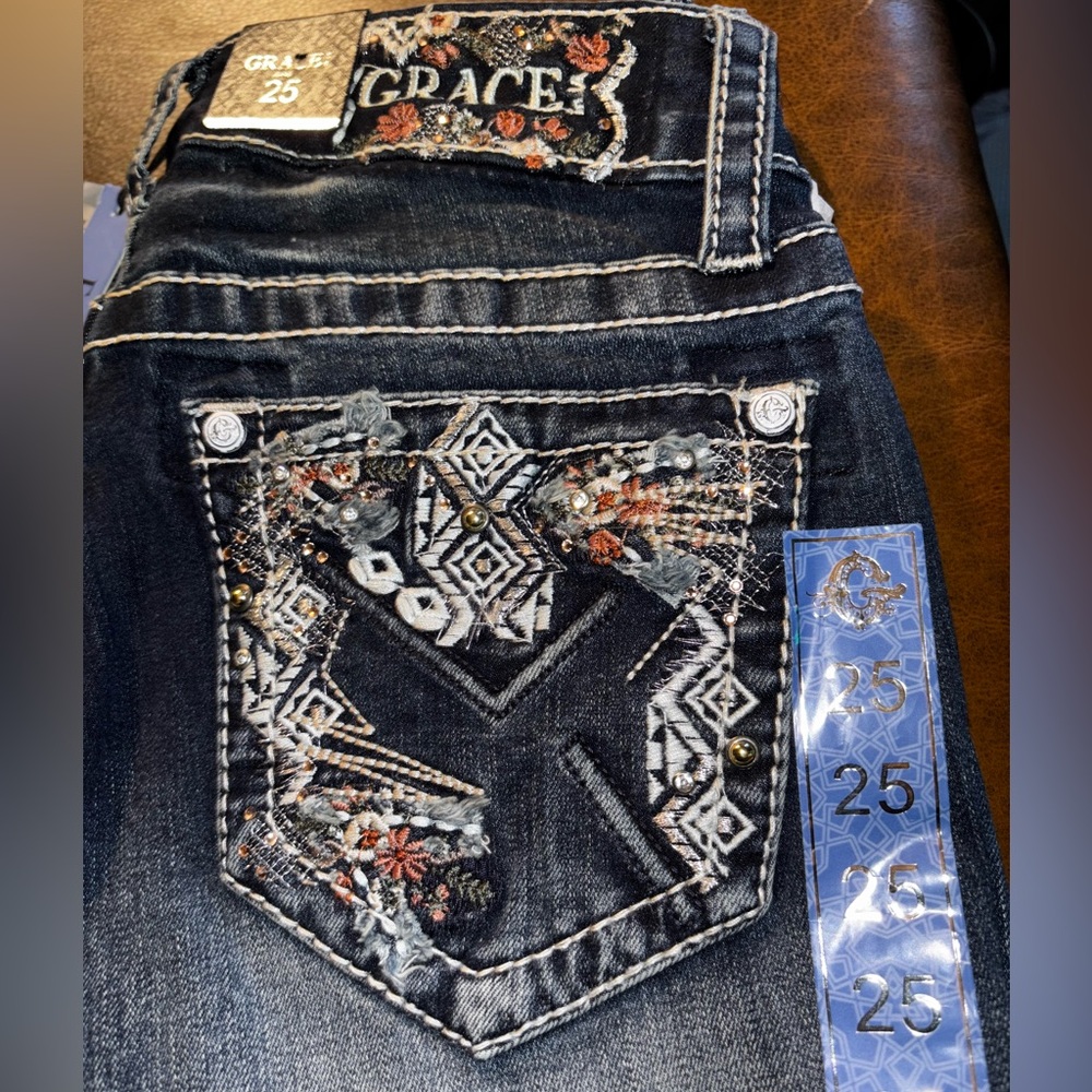 Grace In L A Easy Fit Dark Wash Jeans with Embroidery pockets